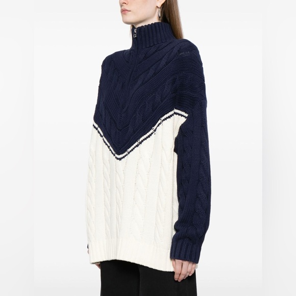 Staud Navy & Cream Half-Zip Cable Knit Sweater - Picture 3 of 12